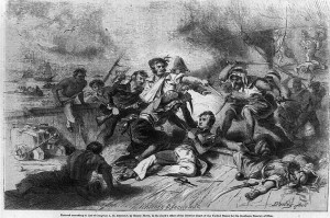 Drawing from 1855 by Felix Octavius Carr Darley (1822-88) shows Decatur and his men fighting hand-to-hand on board a Tripolitan gunboat during the First Barbary Wa