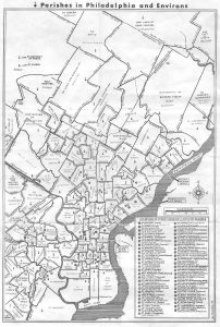 a map showing the borders of Philadelphia's parishes as they existed in 1949